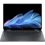HP OmniBook Ultra laptop open with blue abstract wave wallpaper on screen.