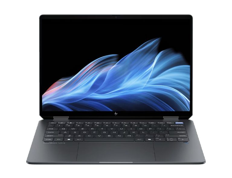 HP OmniBook Ultra laptop open with blue abstract wave wallpaper on screen.