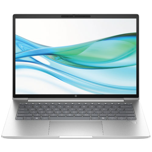 Silver HP laptop open with a bright green and blue abstract wave wallpaper on the screen.