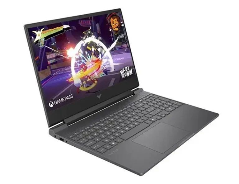HP Victus gaming laptop at an angle, displaying Hi-Fi Rush gameplay with Xbox Game Pass logo.
