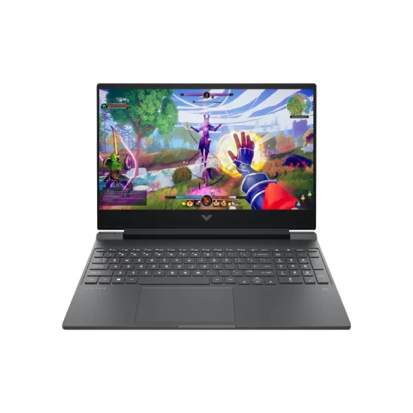 HP Victus gaming laptop open displaying an action-packed fantasy video game on screen.