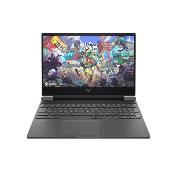 HP Victus gaming laptop open displaying Hi-Fi Rush game artwork with Xbox Game Pass logo.