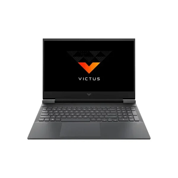 HP Victus gaming laptop open with the orange Victus logo on a black screen.