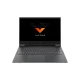 HP Victus gaming laptop open with the orange Victus logo on a black screen.