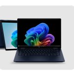 HP OmniBook laptop open with colorful Windows 11 wallpaper and another folded behind it