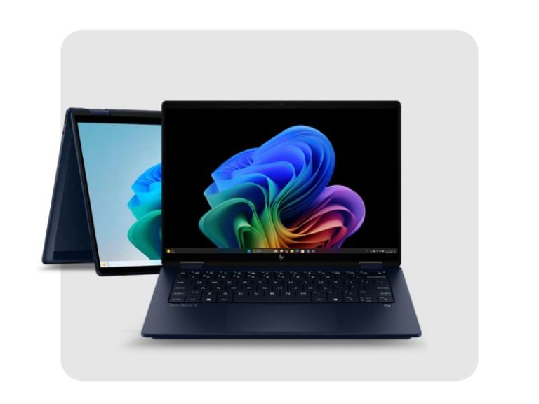 HP OmniBook laptop open with colorful Windows 11 wallpaper and another folded behind it
