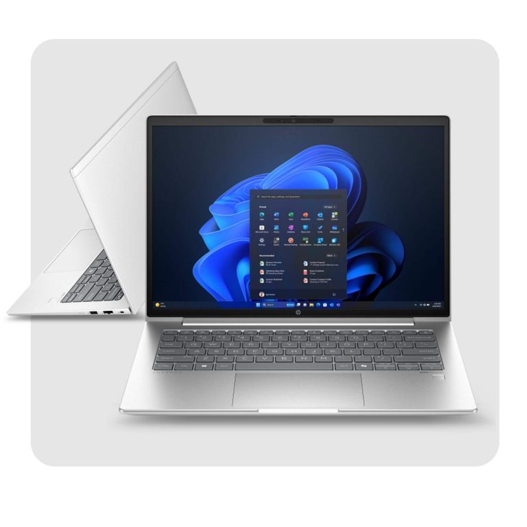 Silver HP laptop showing Windows 11 start menu with another partial laptop behind it.