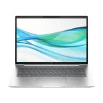 Silver HP laptop open from front view with green and blue wave wallpaper on screen.