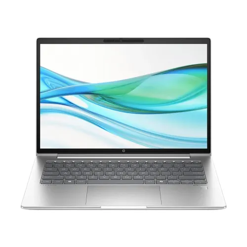 Silver HP laptop open from front view with green and blue wave wallpaper on screen.